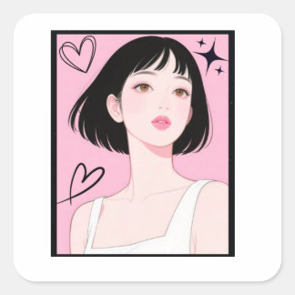 Sticker Carré Ludique & Esthétique : Fille Kawaii Rose Mignonne