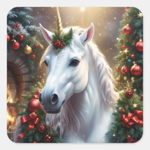 Sticker Carré Lumière des neiges : La licorne de Noël enchantée