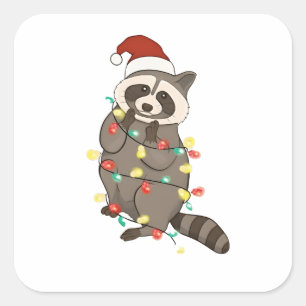 Sticker Carré Lumières joyeuses de Noël Raton Laveur Chapeau de