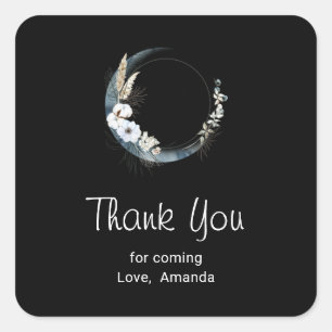 Sticker Carré Lune Croissant Bleu avec Merci Fleurs Blanches