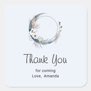 Sticker Carré Lune Croissant Bleu avec Merci Fleurs Blanches