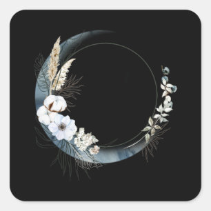 Sticker Carré Lune de croissant bleu avec fleurs blanches