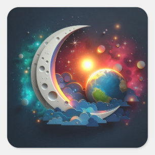 Sticker Carré Lune et étoiles