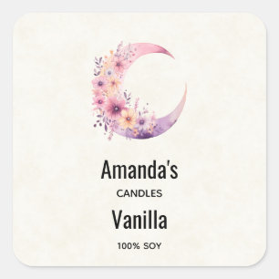 Sticker Carré Lune rose Croissant avec Fleurs Bougies