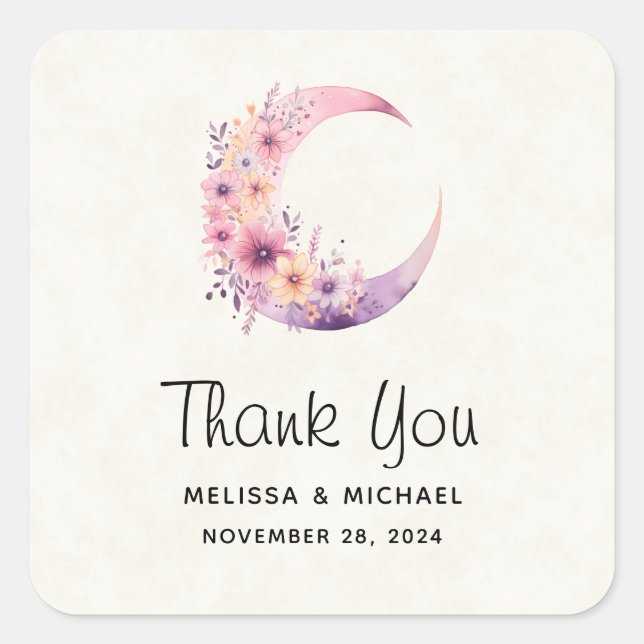 Sticker Carré Lune rose Croissant avec Merci Mariage Fleurs (Devant)