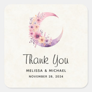 Sticker Carré Lune rose Croissant avec Merci Mariage Fleurs