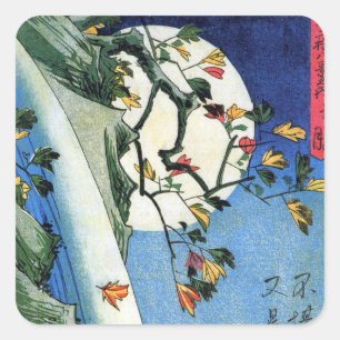 Sticker Carré Lune sur une cascade, Hiroshige, Ukiyo-e