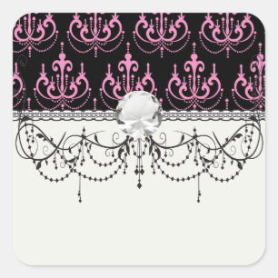 Sticker Carré lustre en cristal rose damas sur fond noir