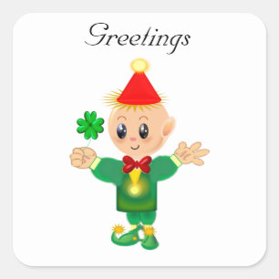 Sticker Carré Lutin chanceux mignon avec salutations du trèfle