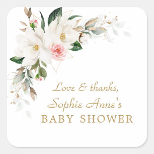 Sticker Carré Luxe blanc Magnolia rose Baby shower floral