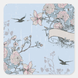 Sticker Carré Lys rose asiatique et Roses en bleu
