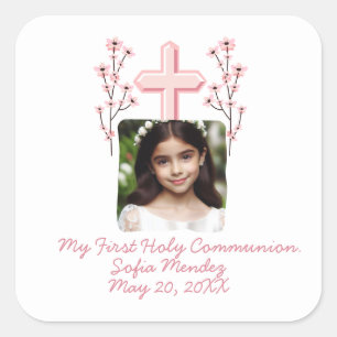 Sticker Carré Ma première communion personnalisée Photo florale