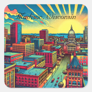 Sticker Carré Madison, Wisconsin City Skyline au Sunset