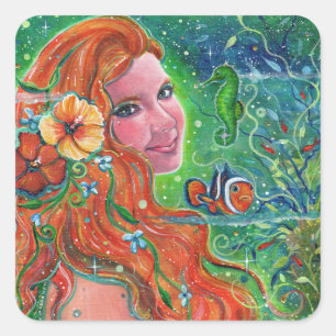 Sticker Carré Maev sirène poisson clown art par Renee Lavoie