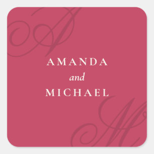 Sticker Carré Magenta Rose Simple Élégant Mariage Monogramme