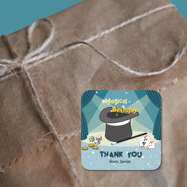 Sticker Carré Magic Show Anniversaire Merci du nom (Magic Show Birthday Thank You From Name Square Sticker)