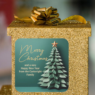 Sticker Carré Magnifique Joyeux Arbre de Noël Gold Green