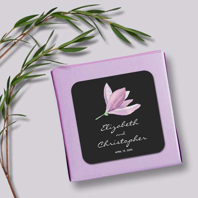 Sticker Carré Magnolia Floral Wedding Favor sur Noir (Magnolia Floral Wedding Favor Black Square Stickers)