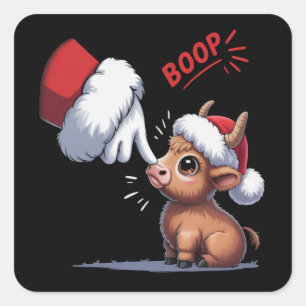 Sticker Carré Main Boop Noël Vache des Highlands Santa Fermier 