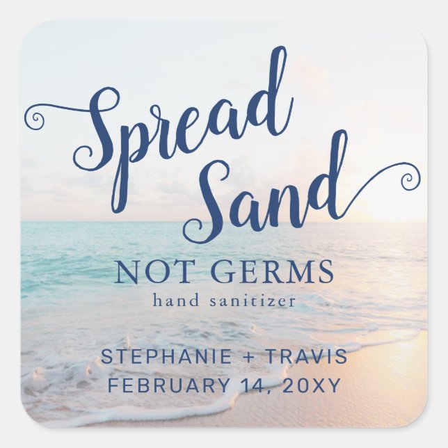 Sticker Carré Main Sanitizer Beach Wedding Favoriser (Devant)