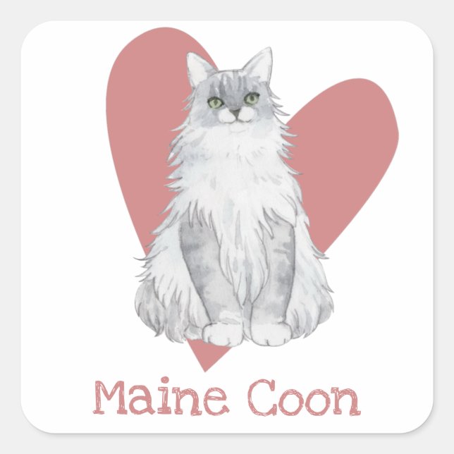 Sticker Carré Maine Coon Chat Aquarelle Kitty Coeur rose (Devant)