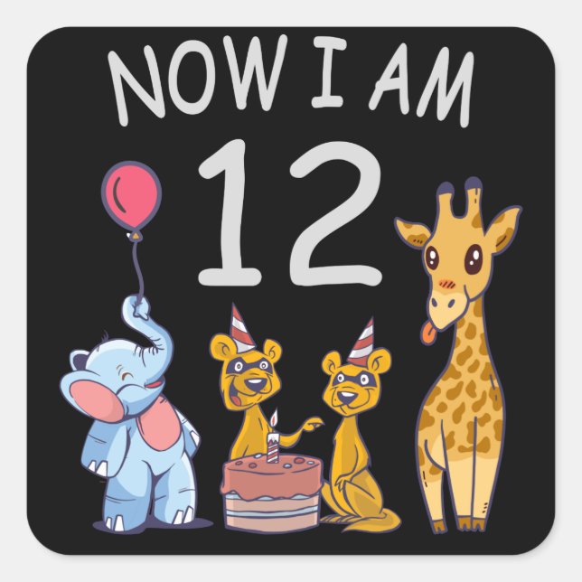 Sticker Carré Maintenant, j'ai 12 ans 12e anniversaire au Zoo (Devant)
