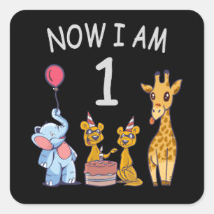 Sticker Carré Maintenant j'ai 1 an 1er anniversaire au zoo