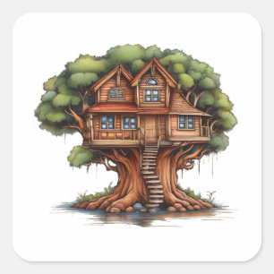 Sticker Carré Maison d'arbre en bois de séquoia