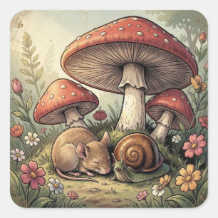 Sticker Carré Maison de Campagne Rétro Champignons et Faune