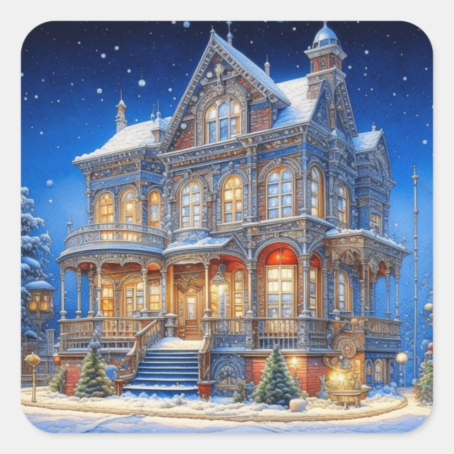 Sticker Carré Maison de Noël Neige (Devant)