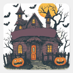 Sticker Carré Maison Hantée Avec Citrouilles Et Pleine Lune 🎃
