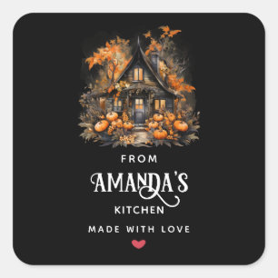 Sticker Carré Maison hantée avec cuisine d'Halloween Citrouille