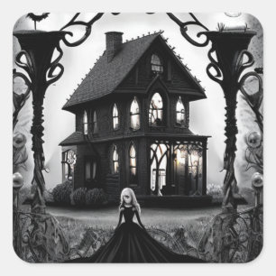 Sticker Carré Maison hantée avec Déplaisante dame fantôme