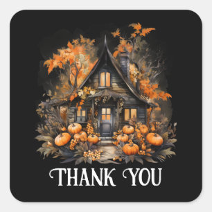 Sticker Carré Maison hantée avec Merci d'Halloween Citrouille