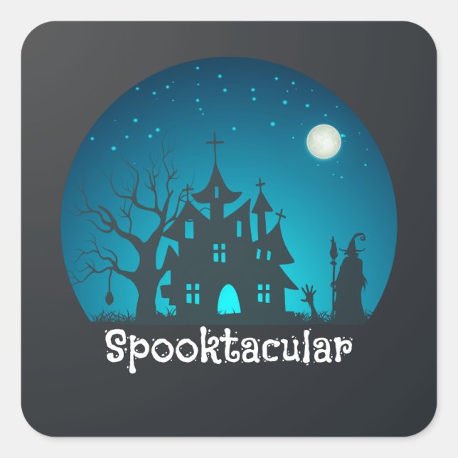 Sticker Carré Maison hantée bleue et noire Spooktacular (Devant)