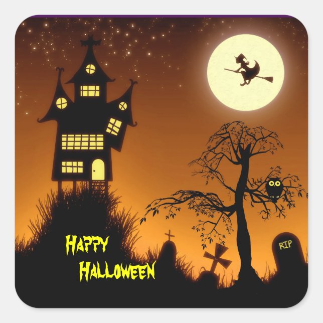 Sticker Carré Maison Hantée déplaisante Halloween Décoratif (Devant)