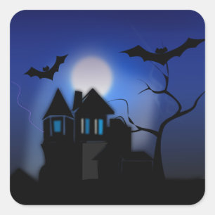 Sticker Carré Maison Hantée éffrayante avec Pleine lune