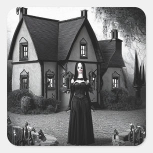 Sticker Carré Maison hantée et femme gothique