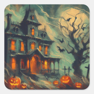 Sticker Carré Maison hantée rétro avec Jack-o'lanterne Éffrayant