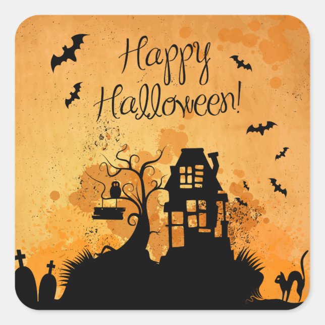 Sticker Carré Maison Hantée Rustique Joyeux Halloween (Devant)
