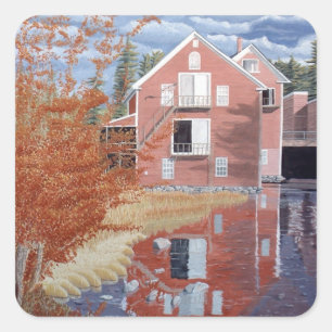 Sticker Carré Maison rose en automne