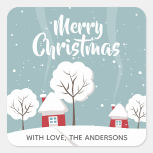 Sticker Carré Maisons de neige et arbres Noël