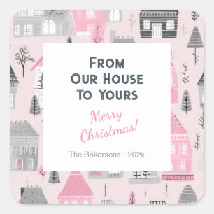 Sticker Carré Maisons Vintage rose gris blanc