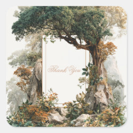Sticker Carré Majestic Ancient Tree Rocky Forest Gold Frame