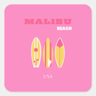 Sticker Carré Malibu, Malibu Beach, Californie, Preppy, rose