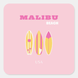 Sticker Carré Malibu, Plage de Malibu, Preppy, Rose