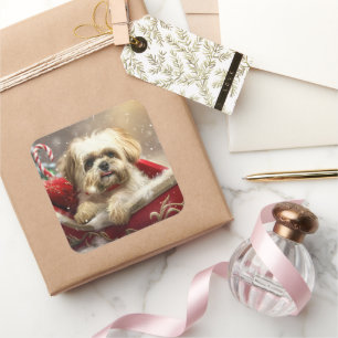 Sticker Carré Malti Tzu Chien Fête de Noël