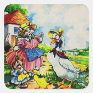 Sticker Carré mama kitty cat et baby kitty visit canards dans le