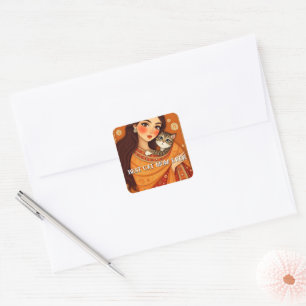 Sticker Carré Maman amoureuse de chats Photo orange