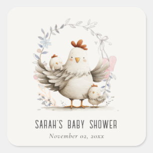 Sticker Carré Maman de la ferme mignonne et bébé poussin floral
